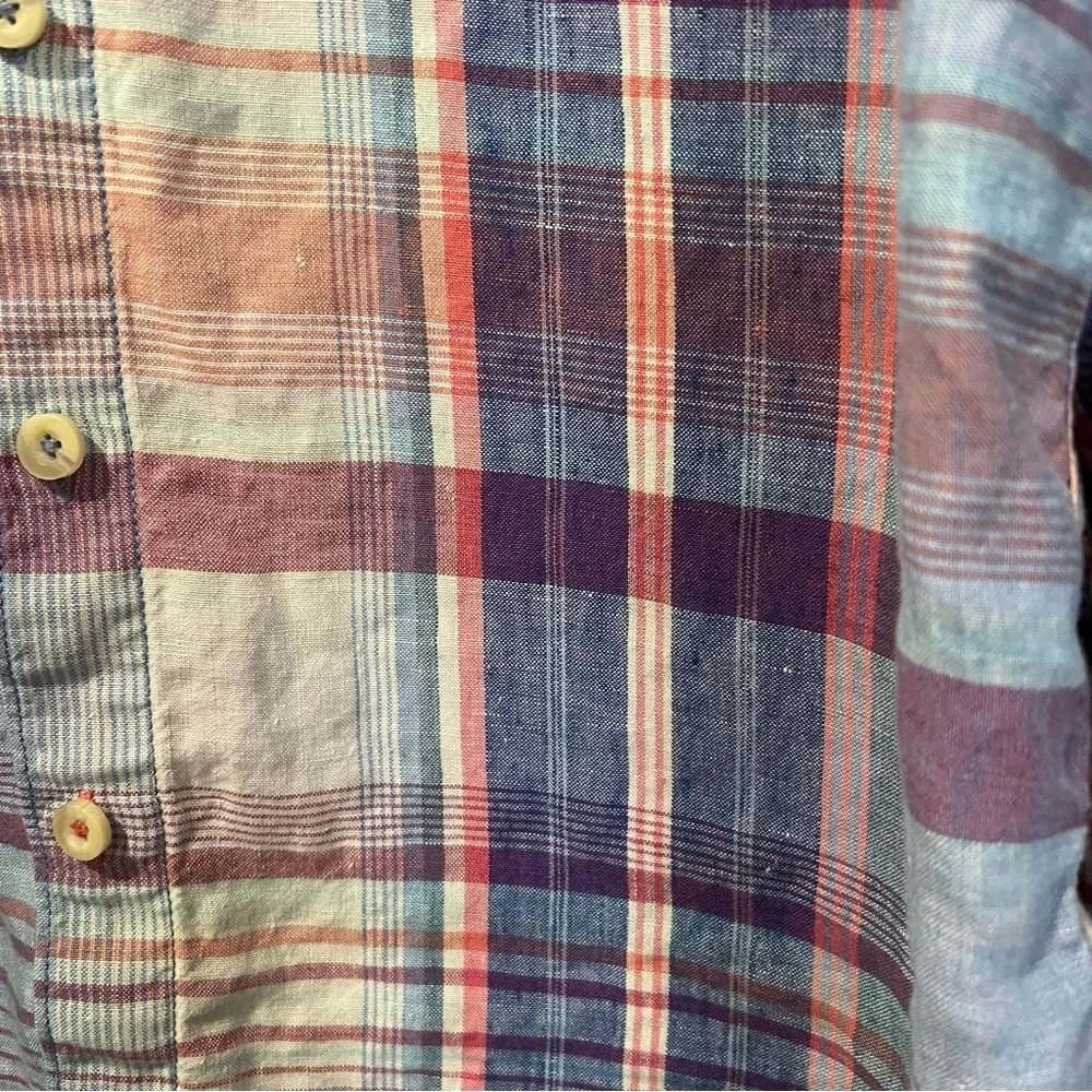 Tommy Bahama Linen Blue and Pink Plaid Button-Down Shirt size medium